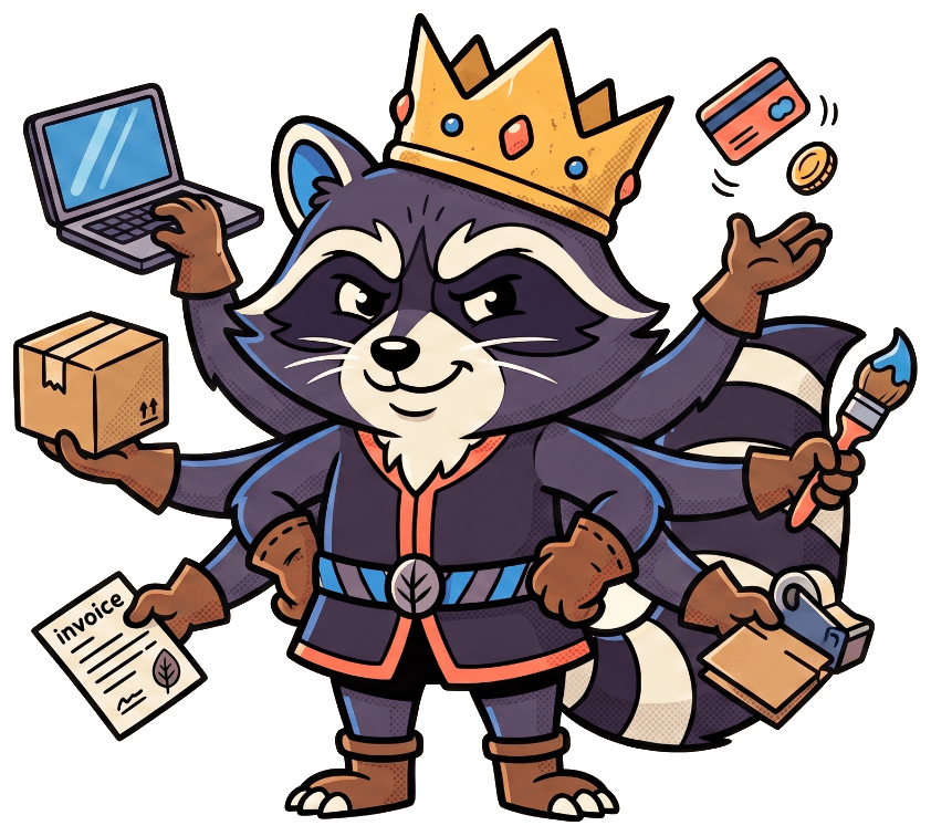 A crowned raccoon with many paws holding a laptop, a box, a payment card, coins, a brush and an invoice.