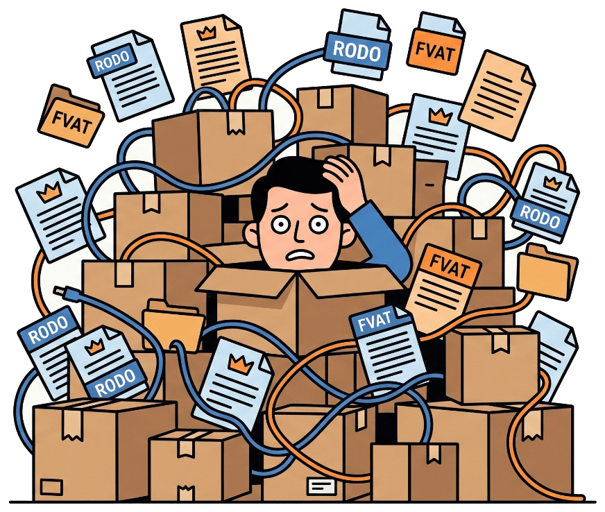 A stressed shop owner buried under a pile of boxes, GDPR paperwork and invoices.