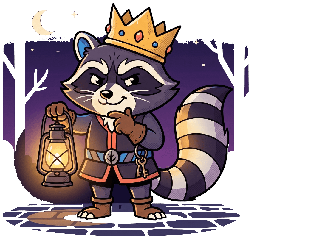 A guard raccoon with a lantern watching over the store at night, under the moon and stars.