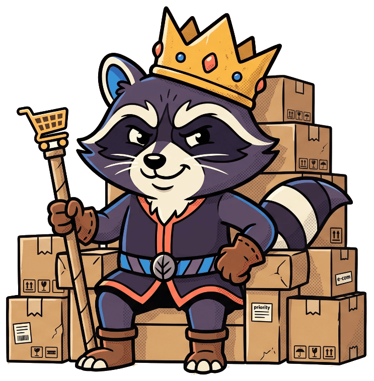 A raccoon in a golden crown on a throne, holding a shopping-cart scepter, surrounded by stacks of boxes.