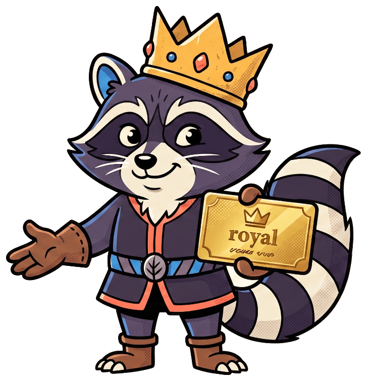 A crowned raccoon handing over a golden business card that reads ‘royal’.