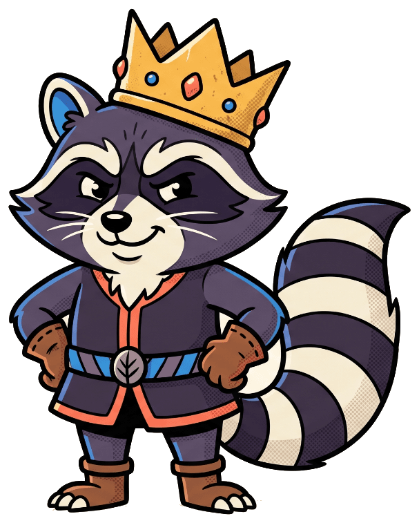 A crowned raccoon standing proudly — the mascot and face of the PREMIUMSZOP team.
